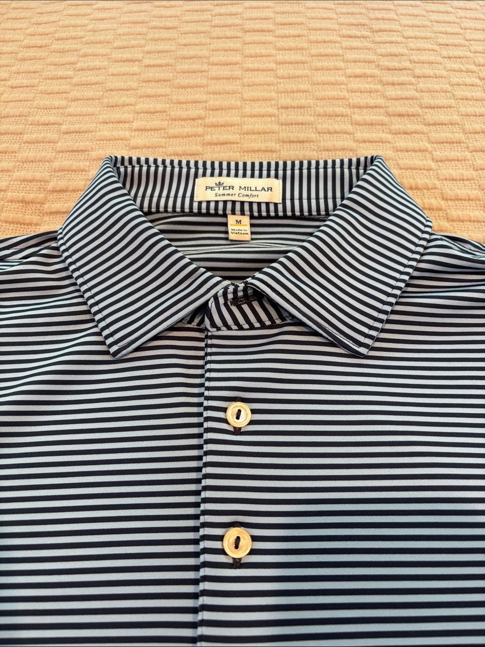 Peter Millar Navy and White Narrow-Stripe Polo - Summer Comfort size M - Picture 2 of 5